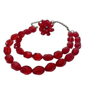 Vintage Red Beaded Flower Brooch & Double-Strand Necklace Set 80s 90s Faceted